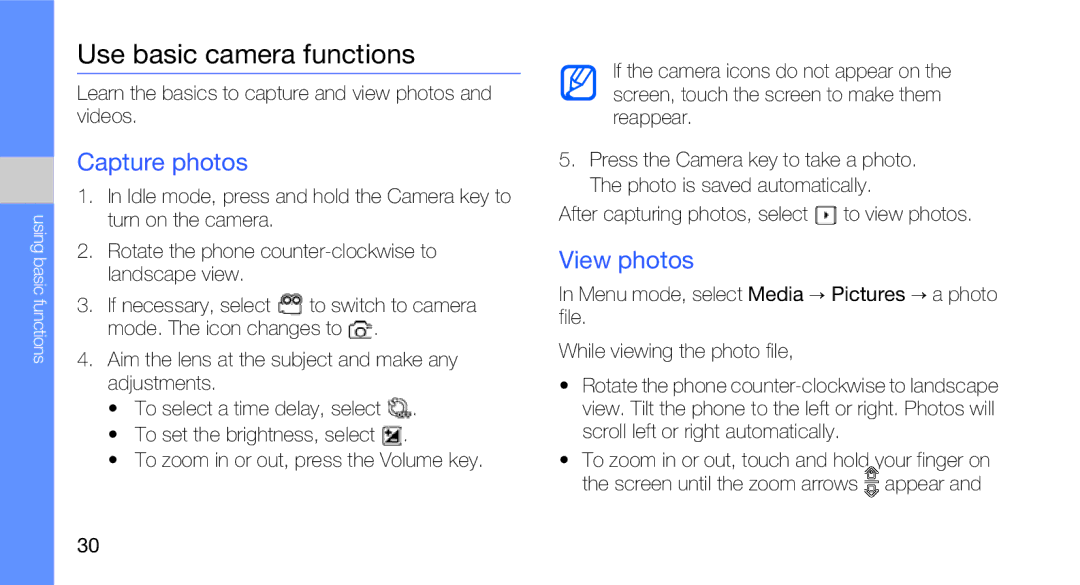 Samsung GT-B5310R Use basic camera functions, Capture photos, View photos, After capturing photos, select to view photos 