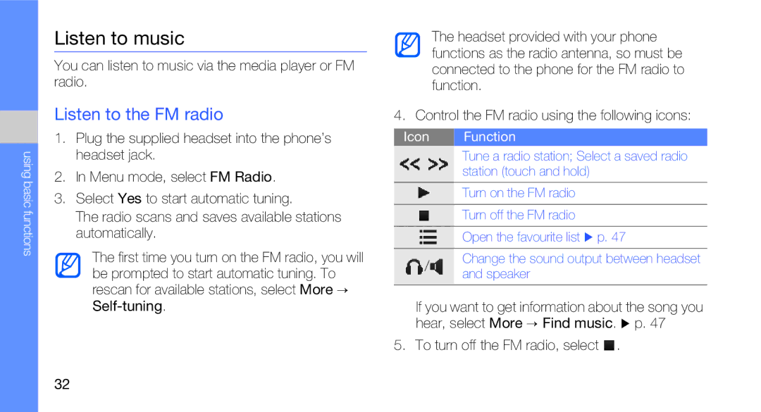 Samsung GT-B5310R user manual Listen to music, Listen to the FM radio 