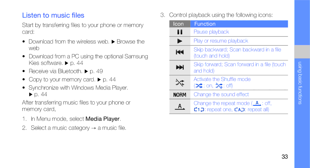 Samsung GT-B5310R user manual Listen to music files, Icon Function 