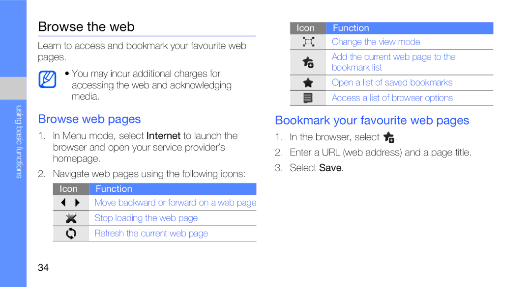 Samsung GT-B5310R user manual Browse the web, Browse web pages, Bookmark your favourite web pages 