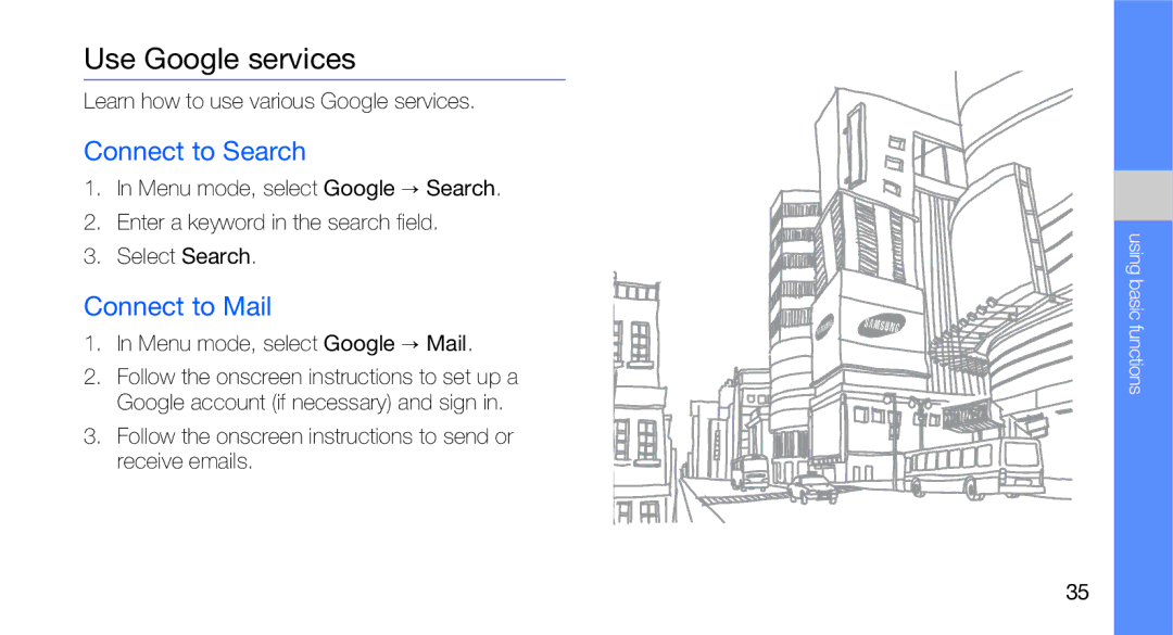 Samsung GT-B5310R user manual Use Google services, Connect to Search, Connect to Mail 