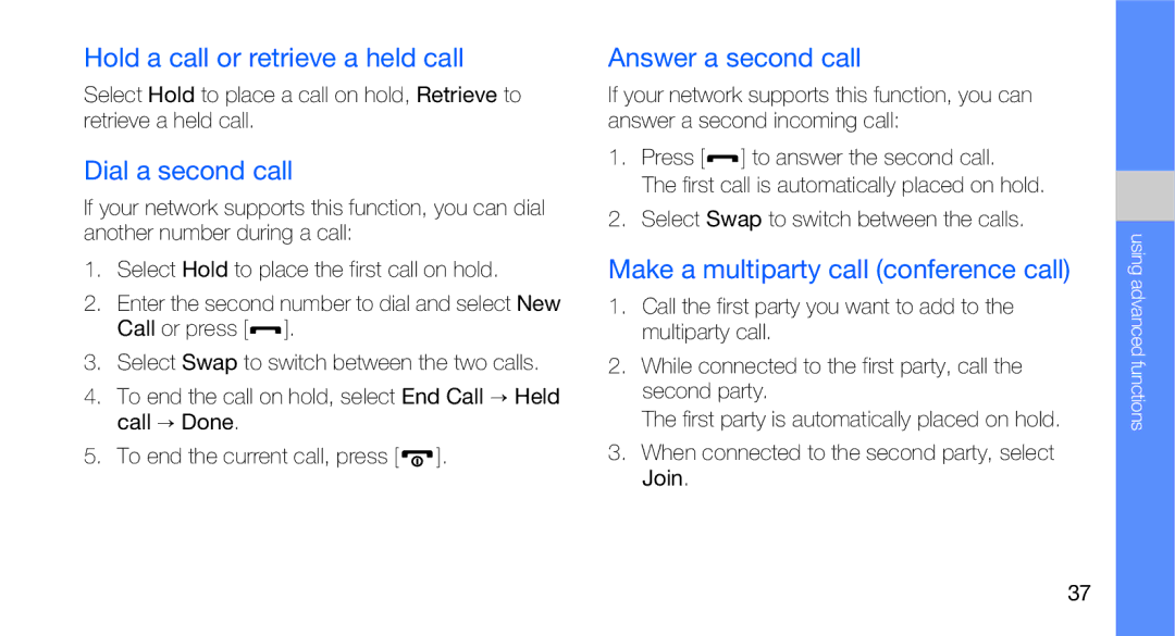 Samsung GT-B5310R user manual Hold a call or retrieve a held call, Dial a second call, Answer a second call 
