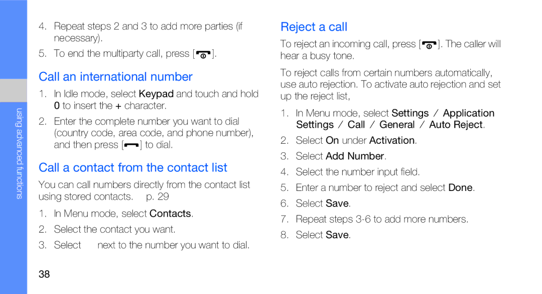 Samsung GT-B5310R user manual Call an international number, Call a contact from the contact list, Reject a call 