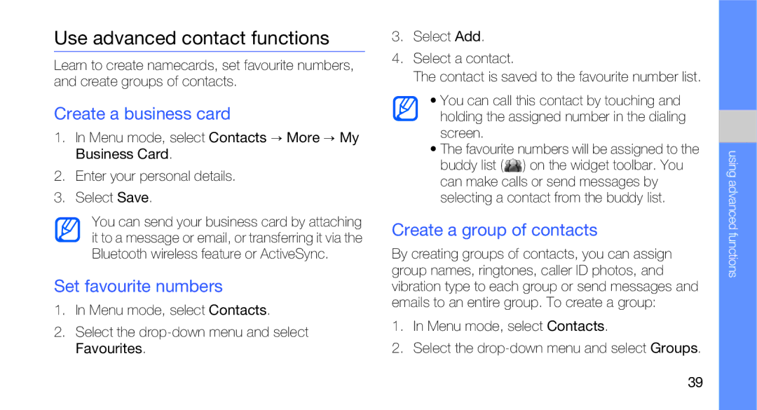 Samsung GT-B5310R user manual Use advanced contact functions, Create a business card, Set favourite numbers 