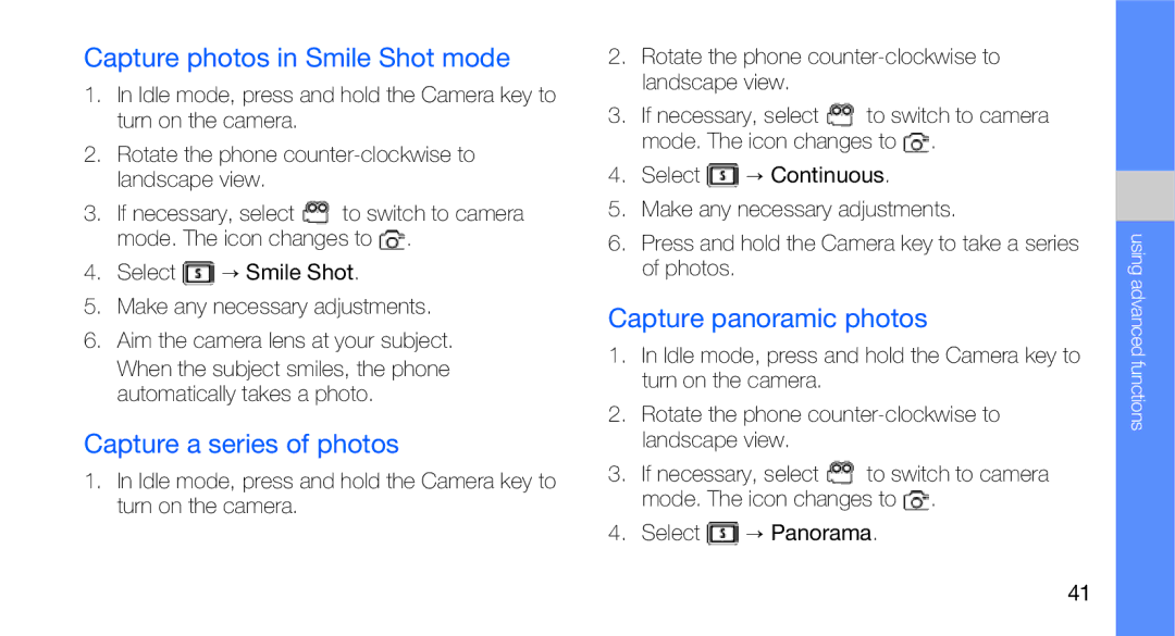 Samsung GT-B5310R user manual Capture photos in Smile Shot mode, Capture a series of photos, Capture panoramic photos 