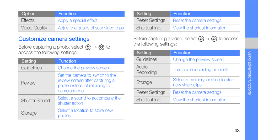 Samsung GT-B5310R user manual Customize camera settings, Guidelines, Review, Shutter Sound, Storage 