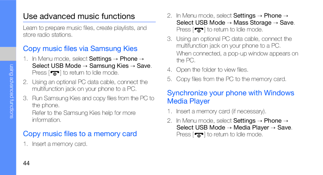 Samsung GT-B5310R Use advanced music functions, Copy music files via Samsung Kies, Copy music files to a memory card 