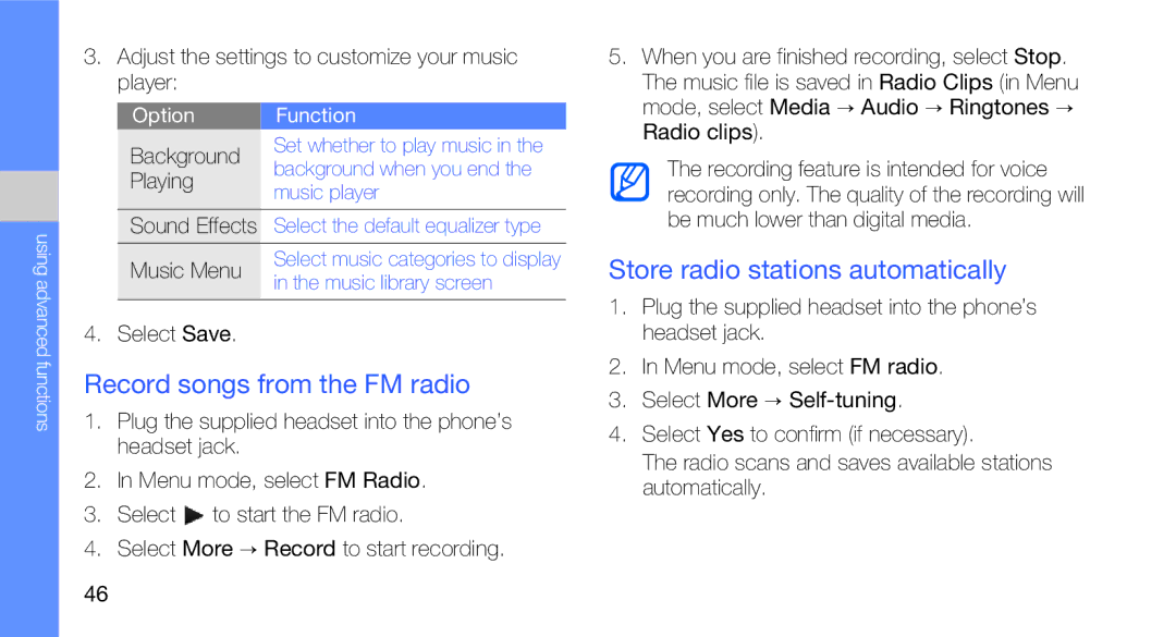 Samsung GT-B5310R user manual Store radio stations automatically, Record songs from the FM radio, Background, Playing 