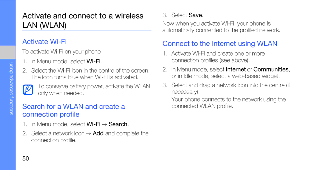 Samsung GT-B5310R Activate and connect to a wireless LAN Wlan, Activate Wi-Fi, Connect to the Internet using Wlan 