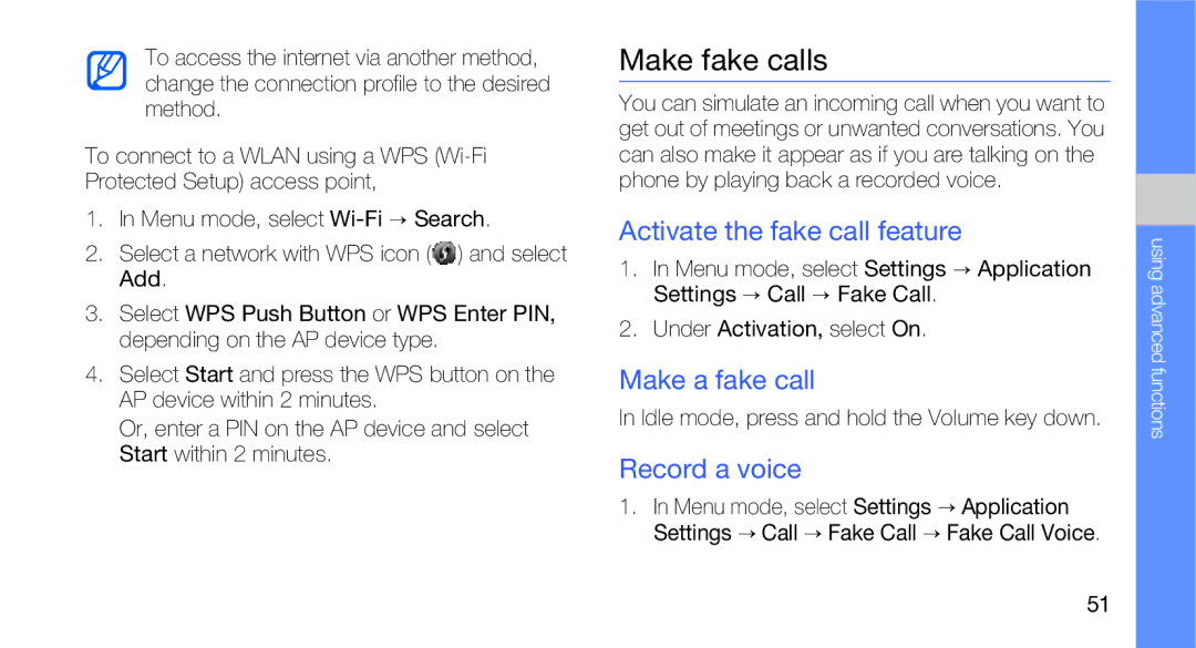 Samsung GT-B5310R user manual Make fake calls, Activate the fake call feature, Make a fake call, Record a voice 