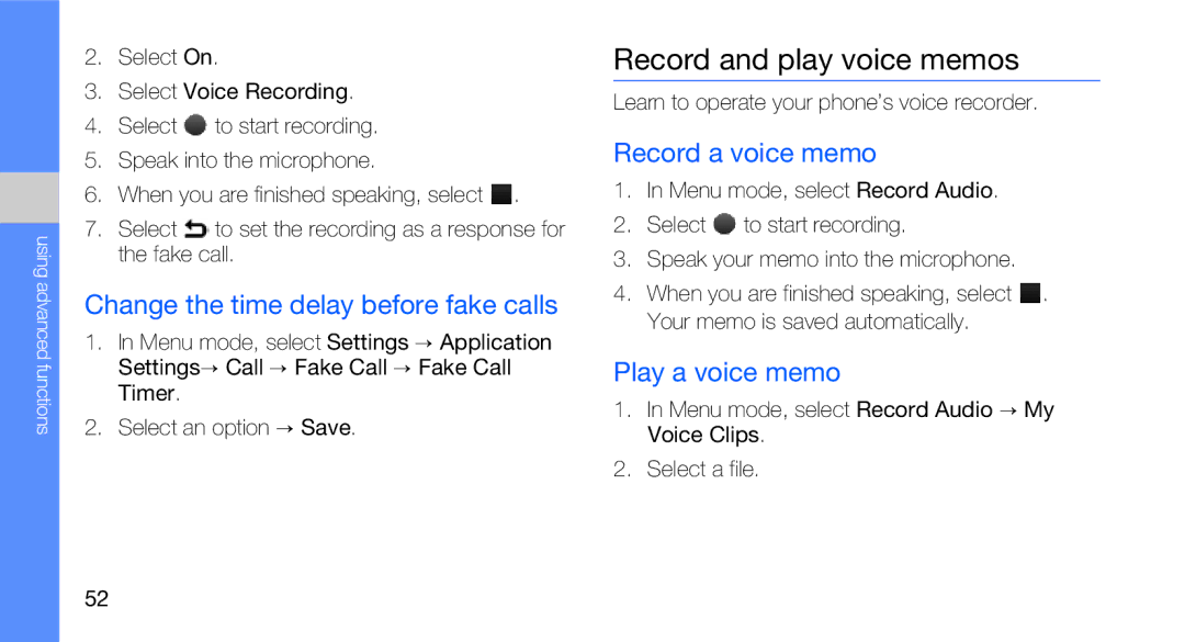 Samsung GT-B5310R user manual Record and play voice memos, Change the time delay before fake calls, Record a voice memo 