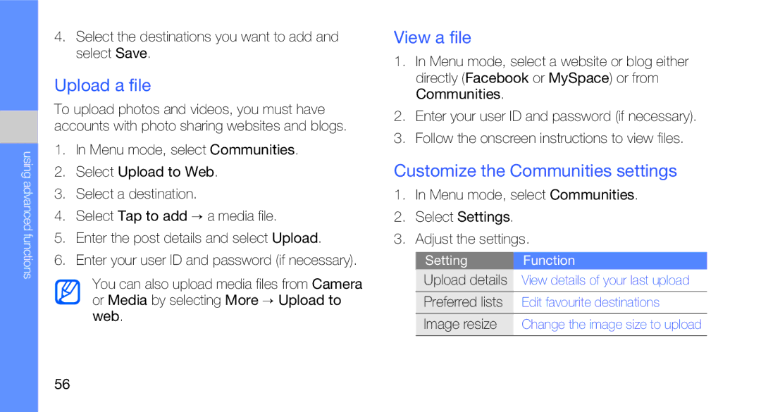 Samsung GT-B5310R user manual Upload a file, View a file, Customize the Communities settings 
