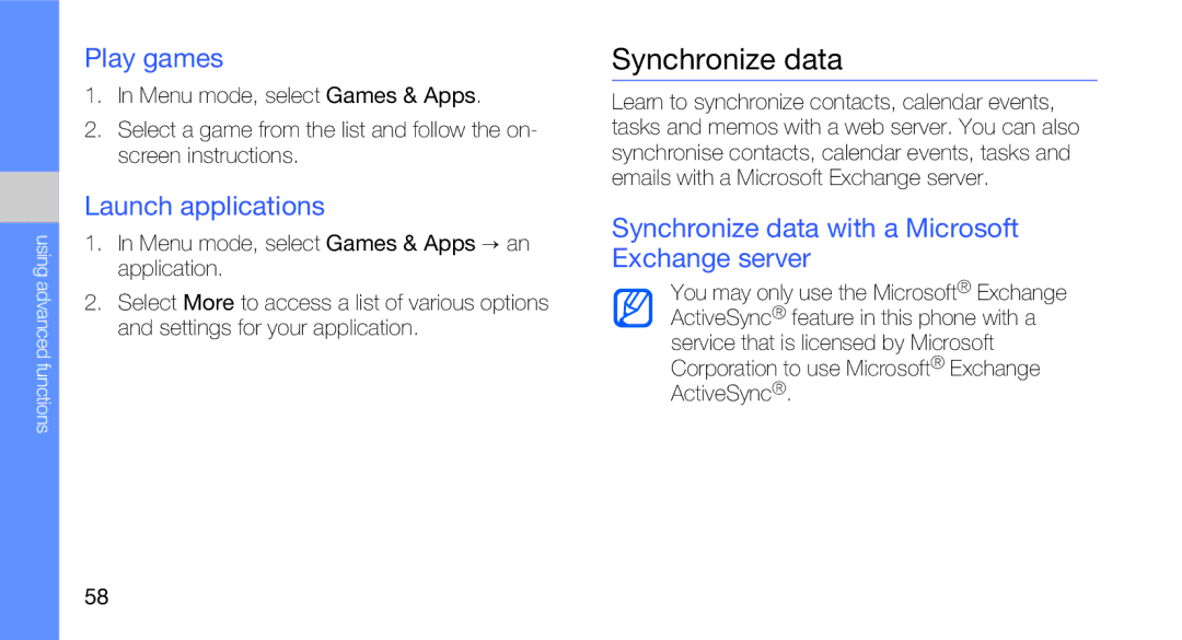 Samsung GT-B5310R user manual Play games, Launch applications, Synchronize data with a Microsoft Exchange server 