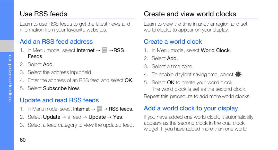 Samsung GT-B5310R user manual Use RSS feeds, Create and view world clocks 