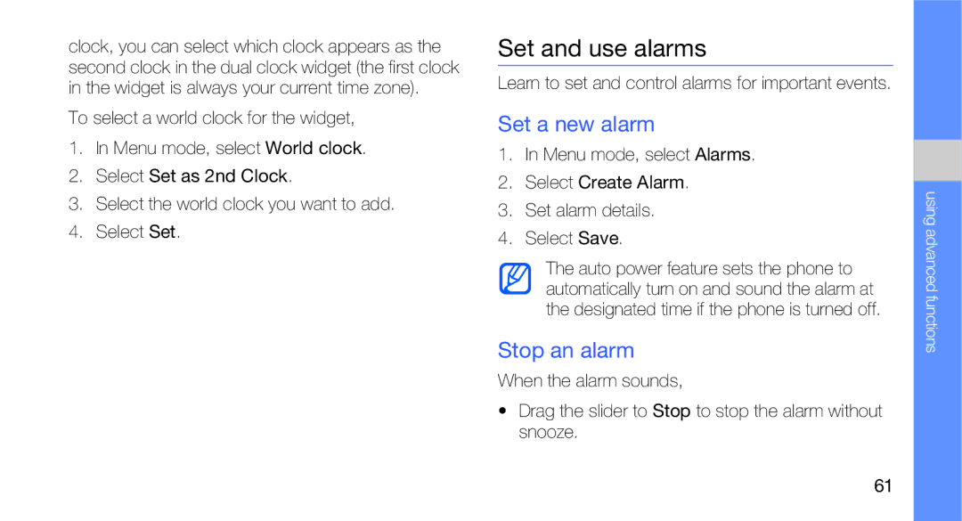 Samsung GT-B5310R user manual Set and use alarms, Set a new alarm, Stop an alarm 