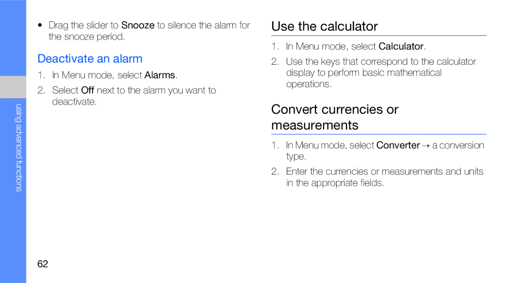 Samsung GT-B5310R user manual Use the calculator, Convert currencies or measurements, Deactivate an alarm 