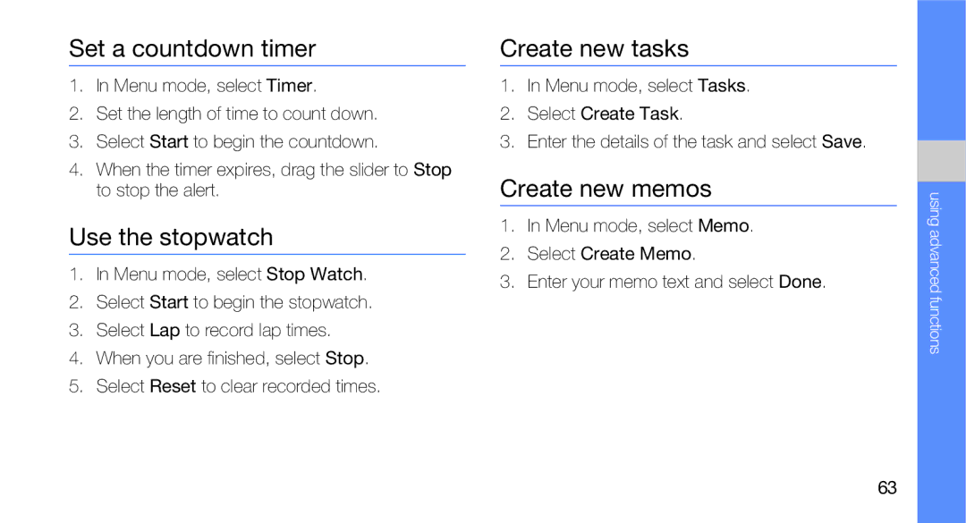 Samsung GT-B5310R user manual Set a countdown timer, Use the stopwatch, Create new tasks, Create new memos 