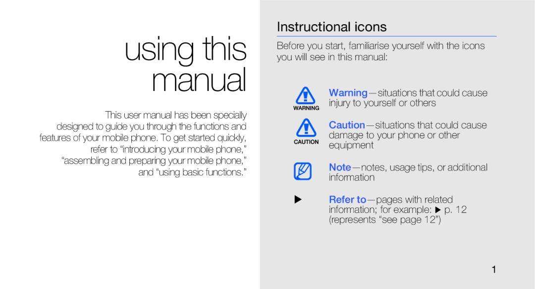 Samsung GT-B5310R user manual Using this manual, Instructional icons 