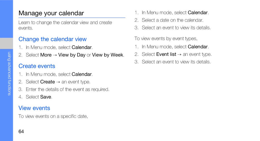 Samsung GT-B5310R user manual Manage your calendar, Change the calendar view, Create events, View events 