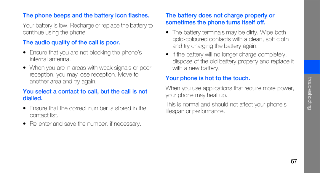 Samsung GT-B5310R user manual Phone beeps and the battery icon flashes, Audio quality of the call is poor 