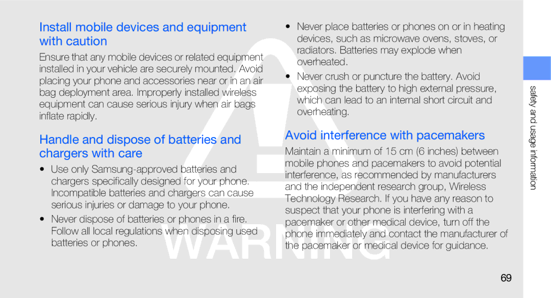 Samsung GT-B5310R user manual Install mobile devices and equipment with caution, Avoid interference with pacemakers 