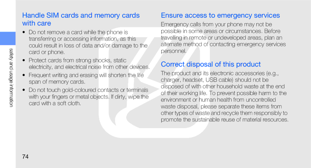 Samsung GT-B5310R user manual Handle SIM cards and memory cards with care, Ensure access to emergency services 