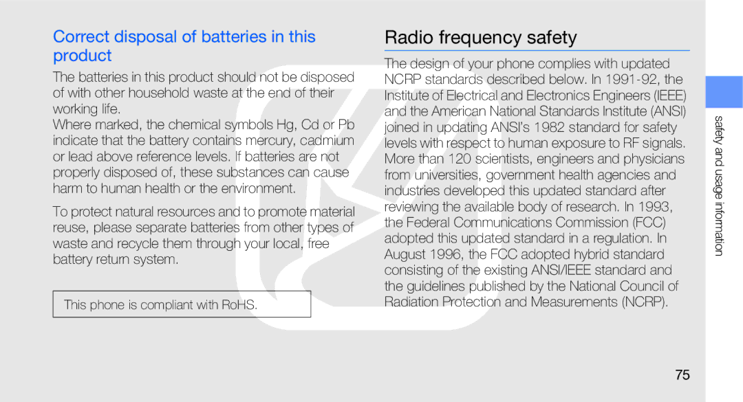 Samsung GT-B5310R user manual Radio frequency safety, Correct disposal of batteries in this product 