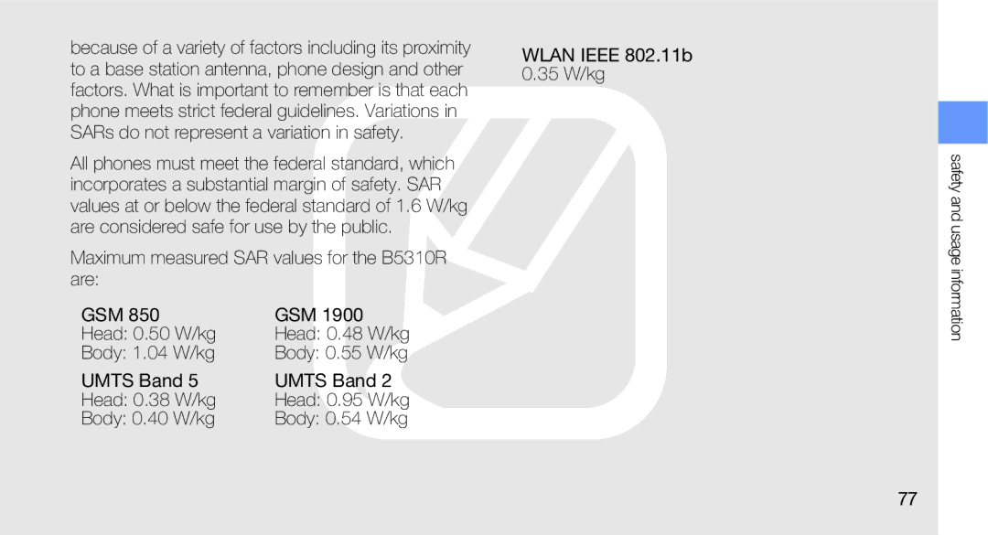 Samsung GT-B5310R user manual Body 1.04 W/kg, Umts Band Head 0.38 W/kg, Body 0.40 W/kg, Wlan Ieee 802.11b 35 W/kg 