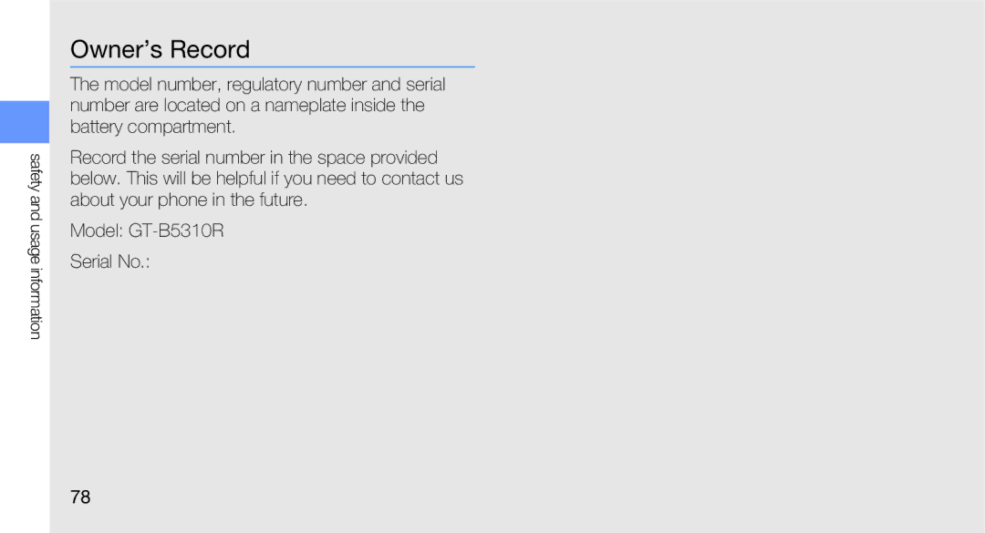 Samsung user manual Owner’s Record, Model GT-B5310R Serial No 