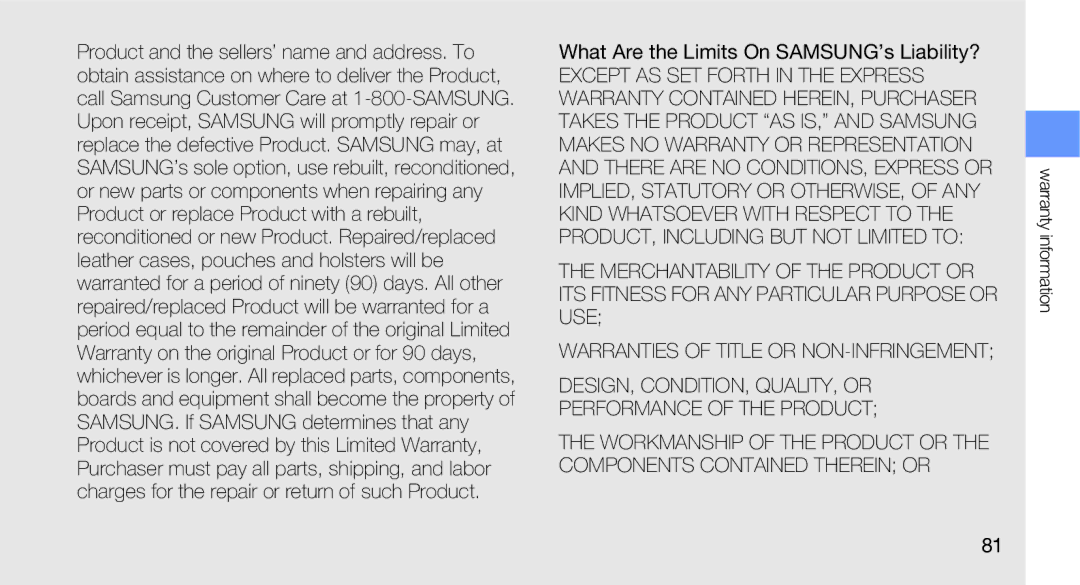 Samsung GT-B5310R What Are the Limits On SAMSUNG’s Liability?, DESIGN, CONDITION, QUALITY, or Performance of the Product 