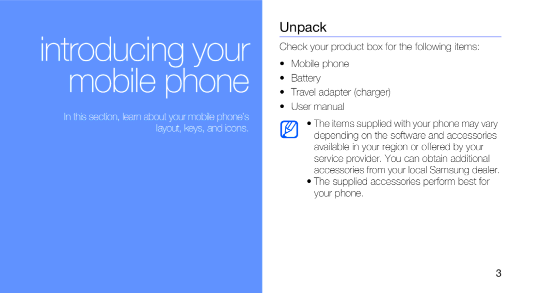 Samsung GT-B5310R user manual Unpack, Supplied accessories perform best for your phone 