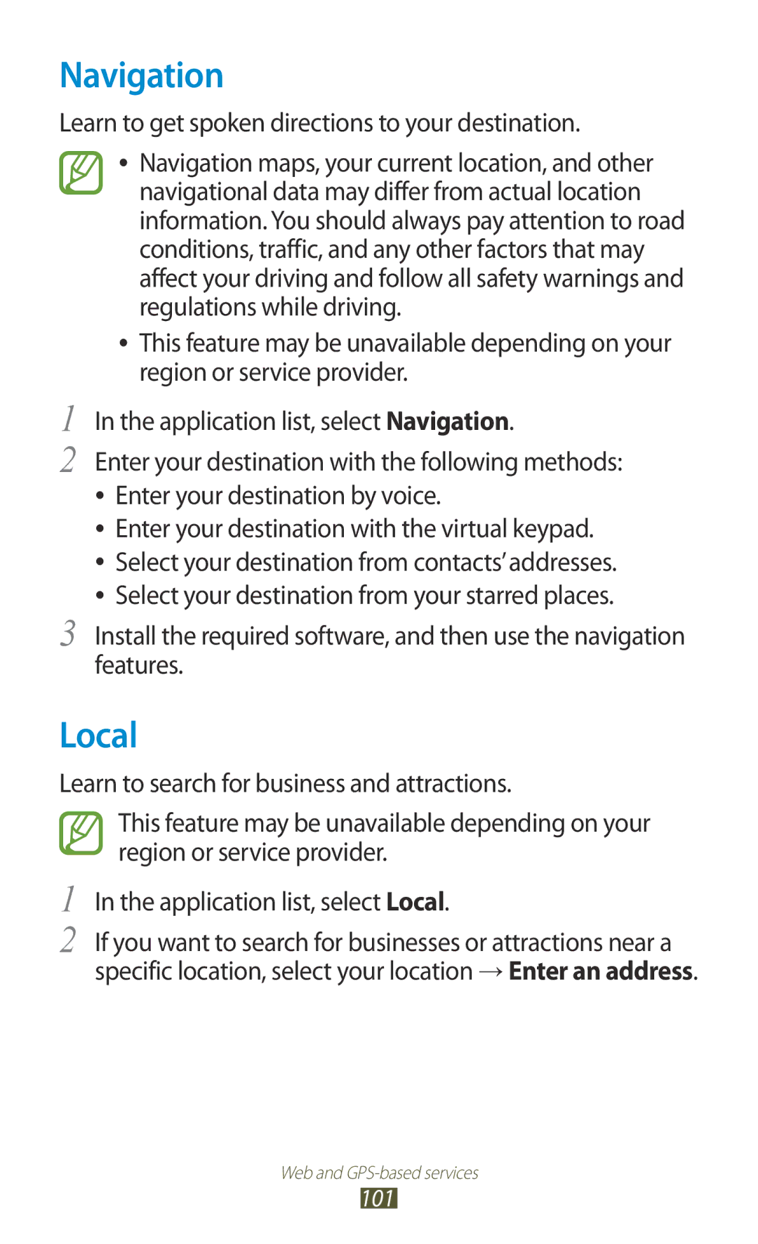 Samsung GT-B5330 user manual Navigation, Local, Learn to get spoken directions to your destination 