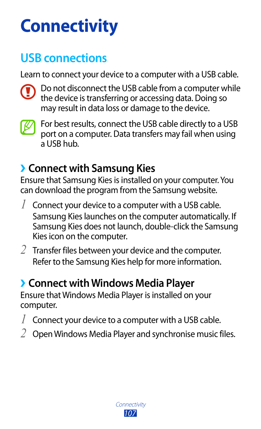 Samsung GT-B5330 user manual USB connections, ››Connect with Samsung Kies, ››Connect with Windows Media Player 