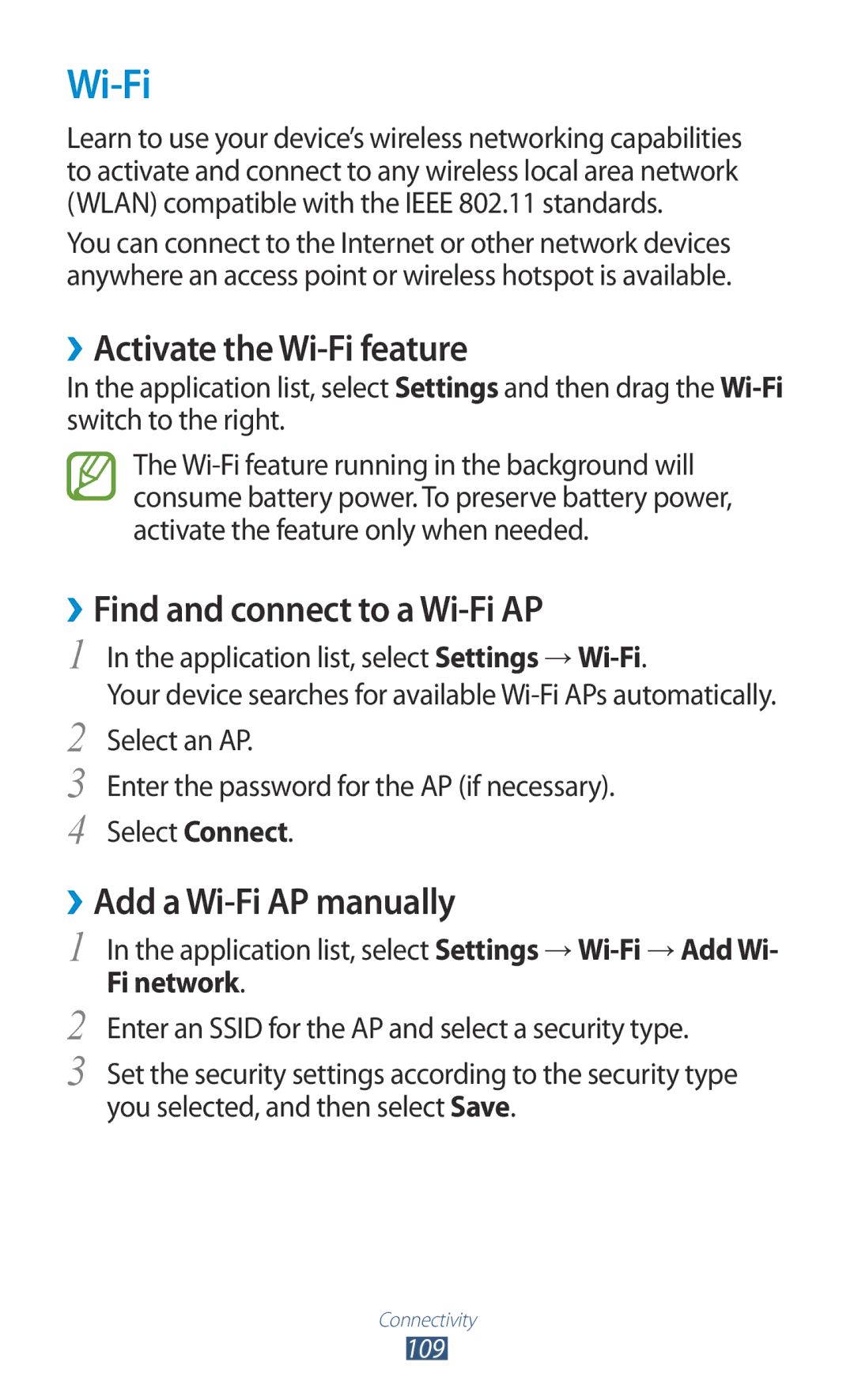 Samsung GT-B5330 user manual ››Activate the Wi-Fi feature, ››Find and connect to a Wi-Fi AP, ››Add a Wi-Fi AP manually 