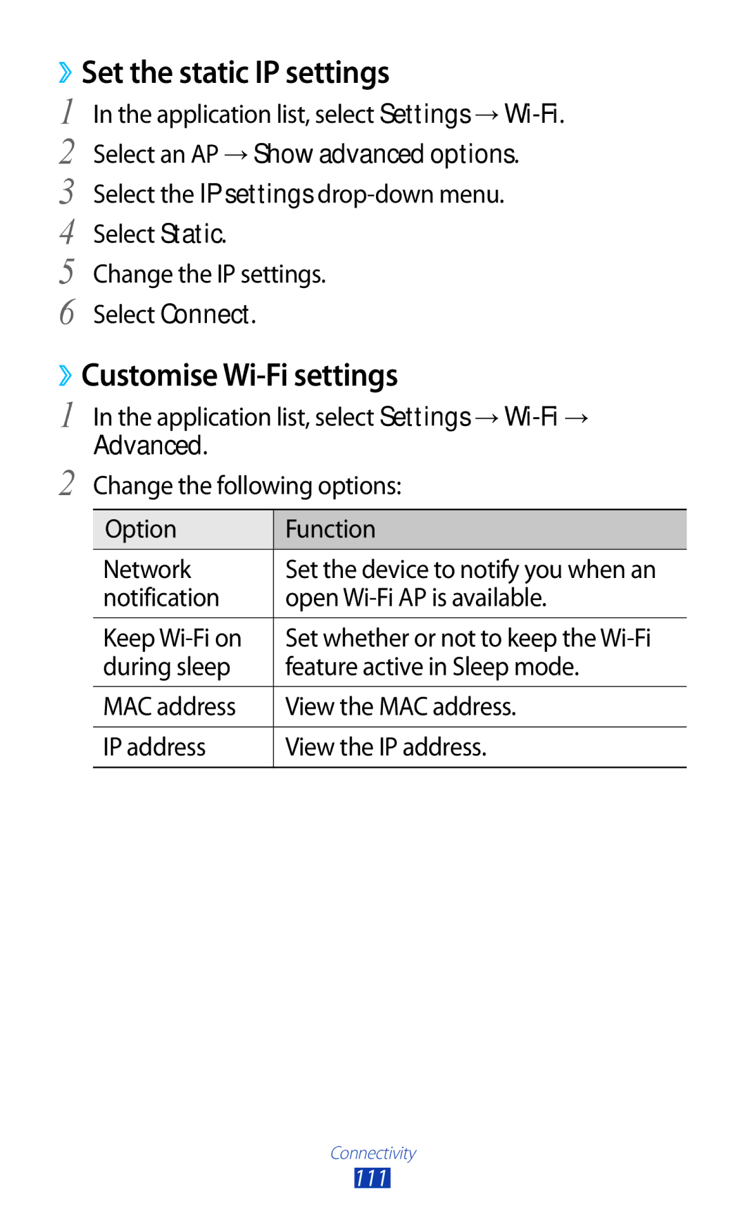 Samsung GT-B5330 user manual ››Set the static IP settings, ››Customise Wi-Fi settings 