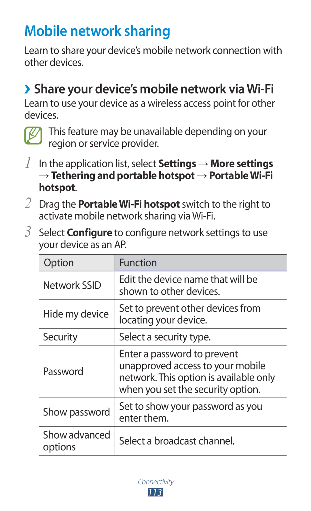 Samsung GT-B5330 user manual Mobile network sharing, → Tethering and portable hotspot → Portable Wi-Fi hotspot 