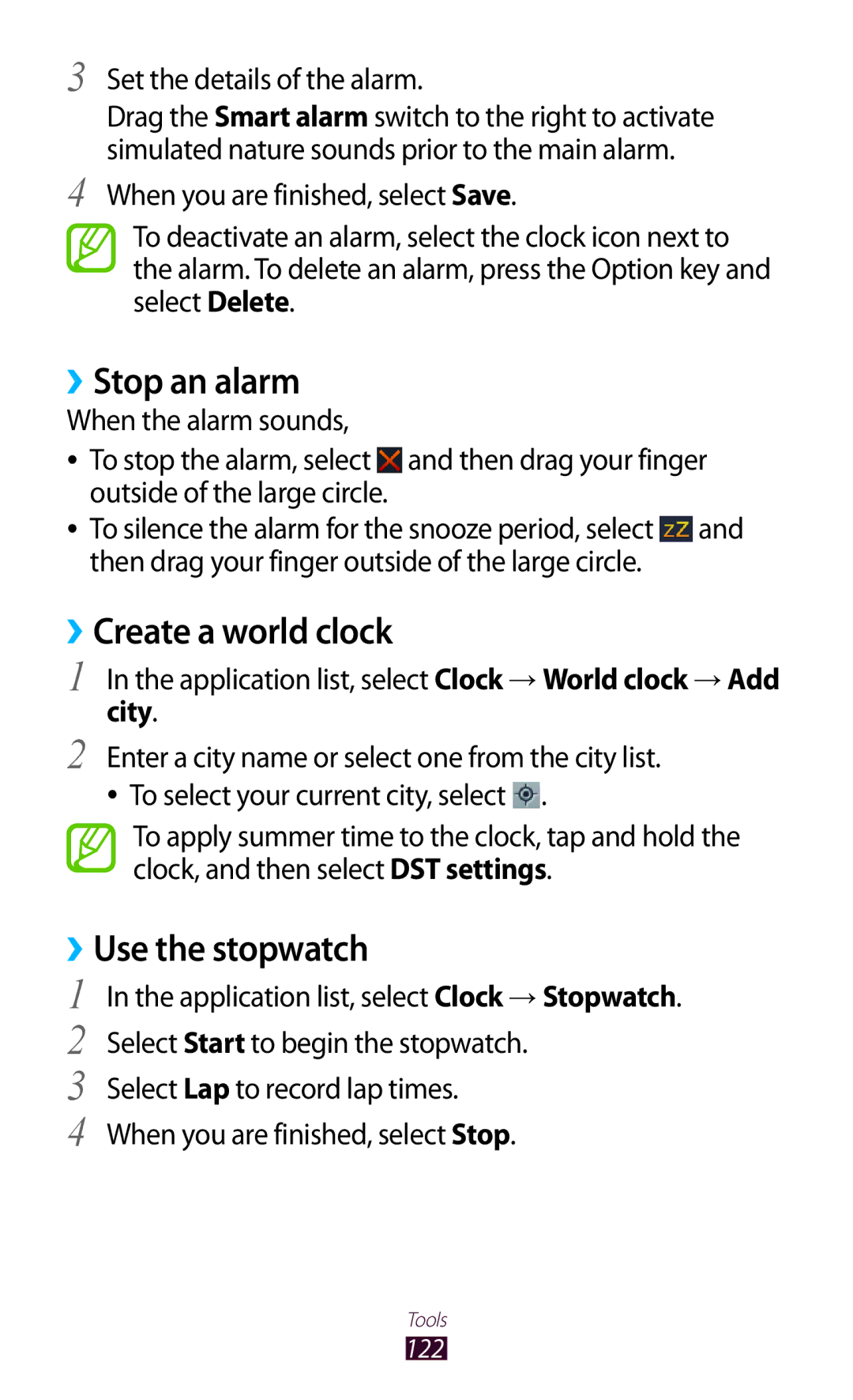 Samsung GT-B5330 user manual ››Stop an alarm, ››Create a world clock, ››Use the stopwatch, City 