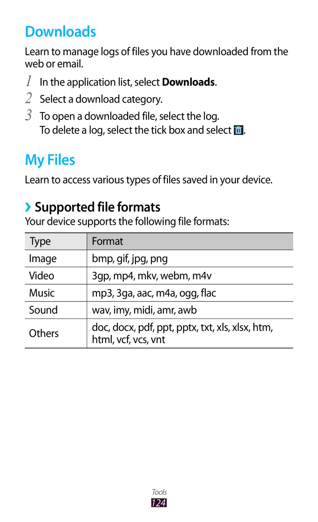 Samsung GT-B5330 user manual Downloads, My Files, ››Supported file formats 