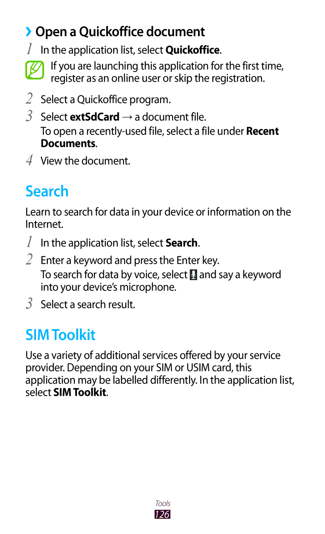 Samsung GT-B5330 user manual Search, SIM Toolkit, ››Open a Quickoffice document, Application list, select Quickoffice 