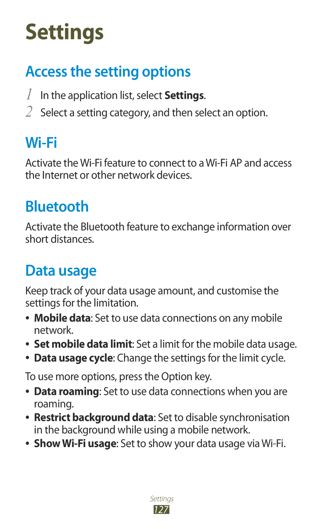 Samsung GT-B5330 user manual Access the setting options, Data usage 