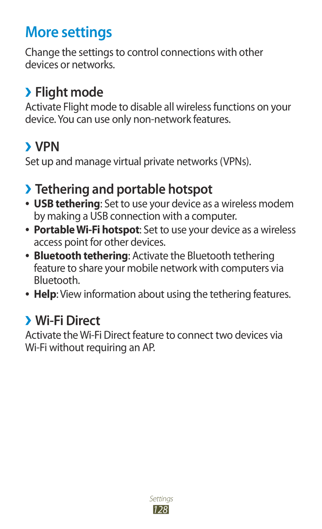 Samsung GT-B5330 user manual More settings, ››Flight mode, ››Tethering and portable hotspot, ››Wi-Fi Direct 