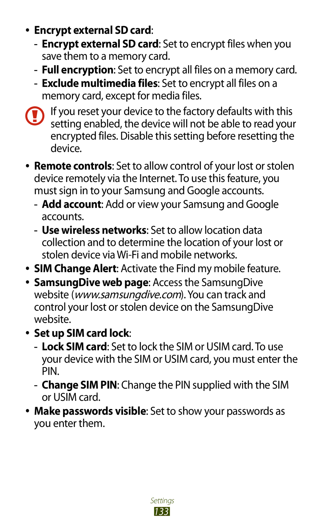 Samsung GT-B5330 Encrypt external SD card, Add account Add or view your Samsung and Google accounts, Set up SIM card lock 