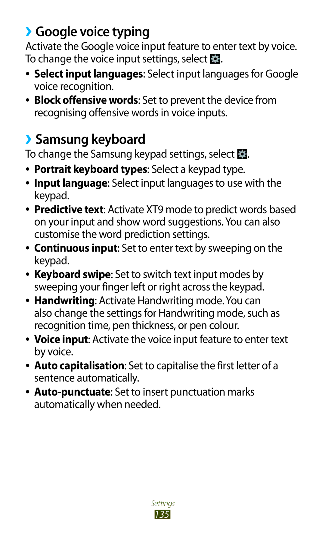 Samsung GT-B5330 user manual ››Google voice typing, ››Samsung keyboard, To change the Samsung keypad settings, select 