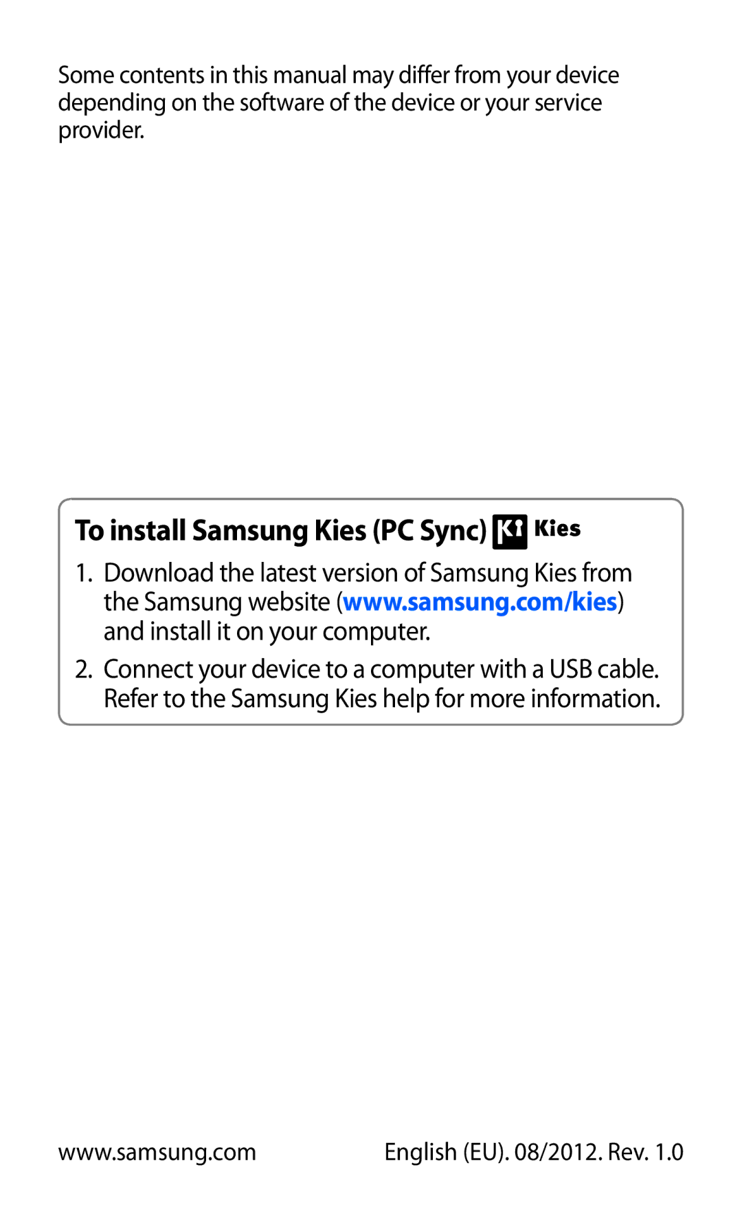 Samsung GT-B5330 user manual To install Samsung Kies PC Sync 