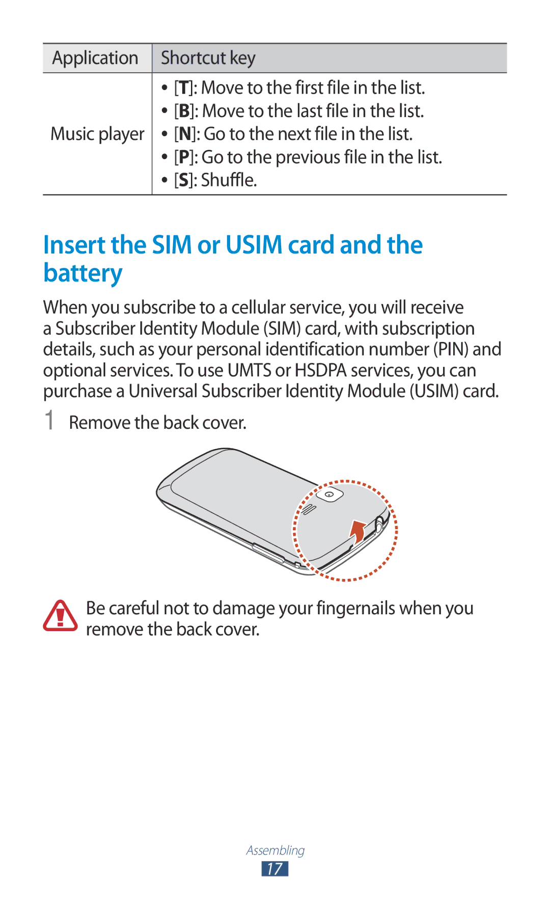 Samsung GT-B5330 user manual Insert the SIM or Usim card and the battery, Shuffle 