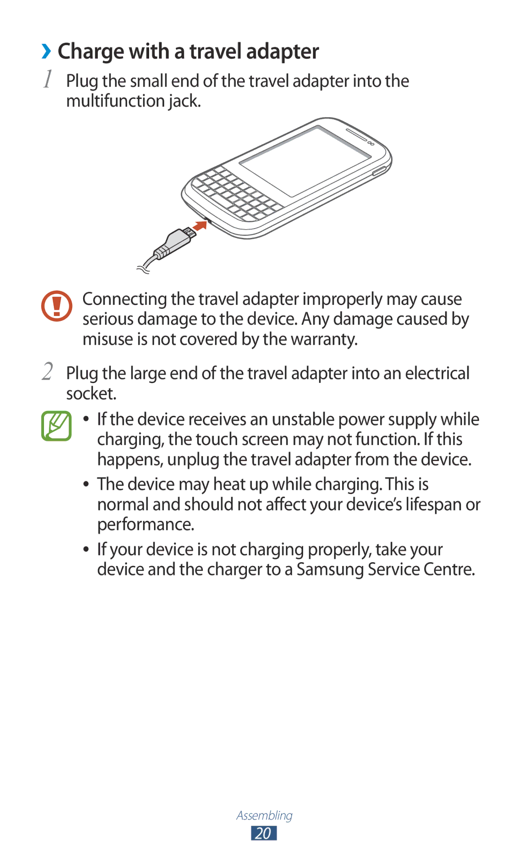 Samsung GT-B5330 user manual ››Charge with a travel adapter 