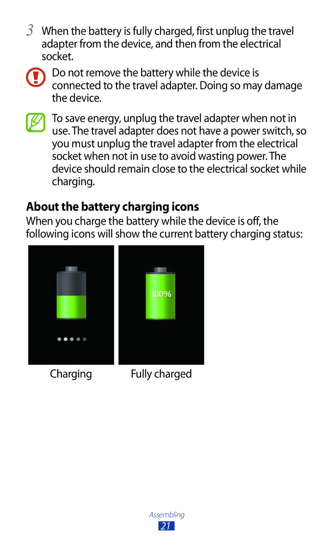 Samsung GT-B5330 user manual About the battery charging icons, Charging 