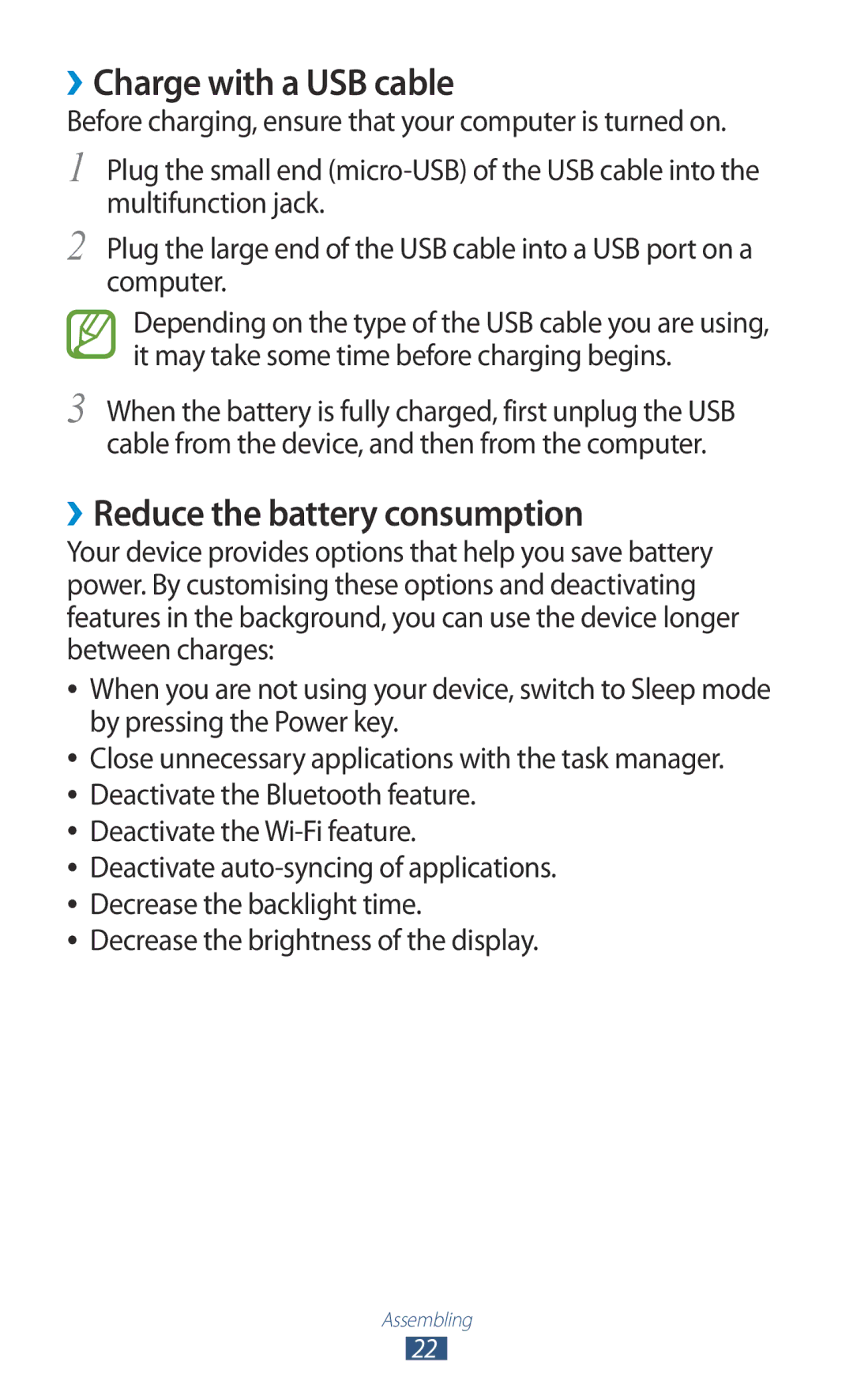 Samsung GT-B5330 ››Charge with a USB cable, ››Reduce the battery consumption, Decrease the brightness of the display 