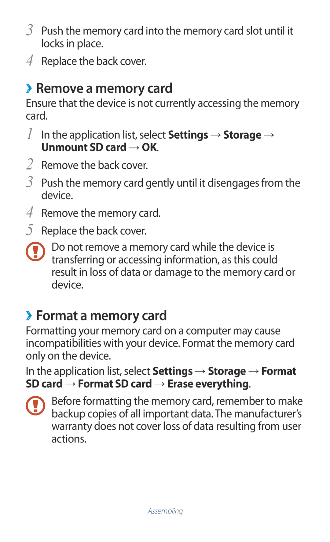 Samsung GT-B5330 user manual ››Remove a memory card, ››Format a memory card, Unmount SD card → OK 