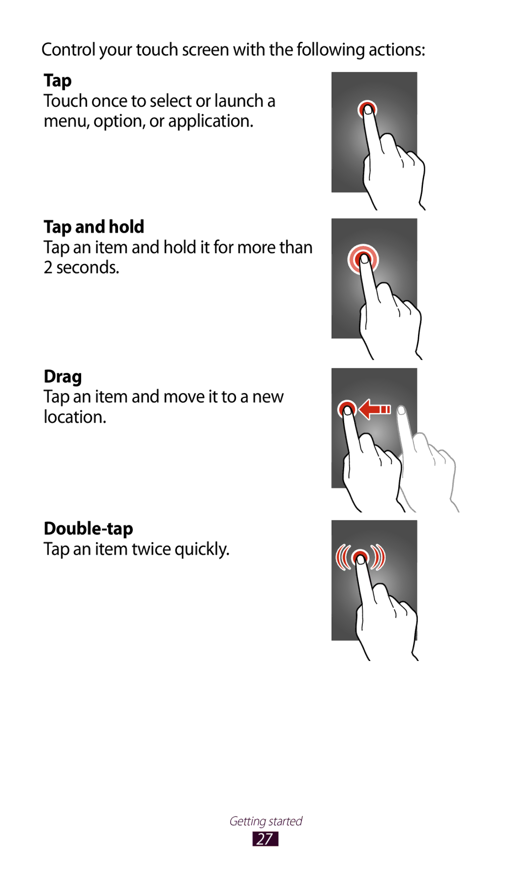 Samsung GT-B5330 user manual Tap and hold, Drag, Double-tap 